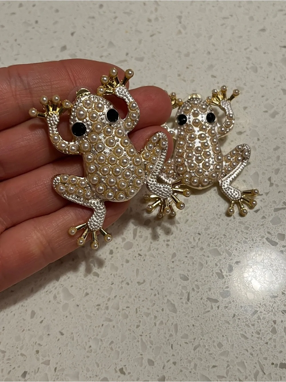 Faux Pearl, Gold Frog‎ Dangle Earrings